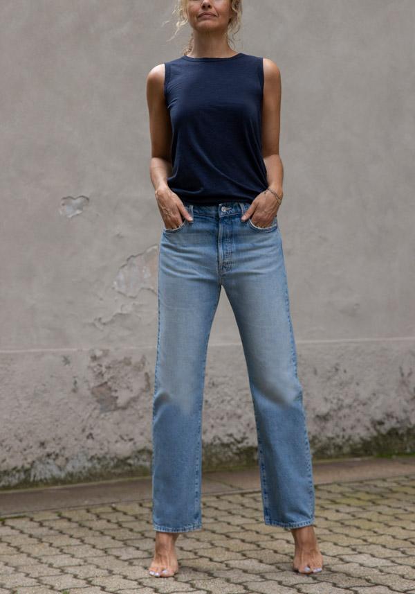 Rose & Lini MOTHER DENIM “THE DITCHER HOVER” DENIM BLUE JEANS Prezzo Ridotto
