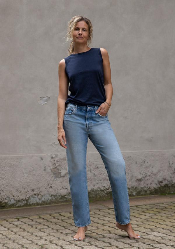 Rose & Lini MOTHER DENIM “THE DITCHER HOVER” DENIM BLUE JEANS Prezzo Ridotto