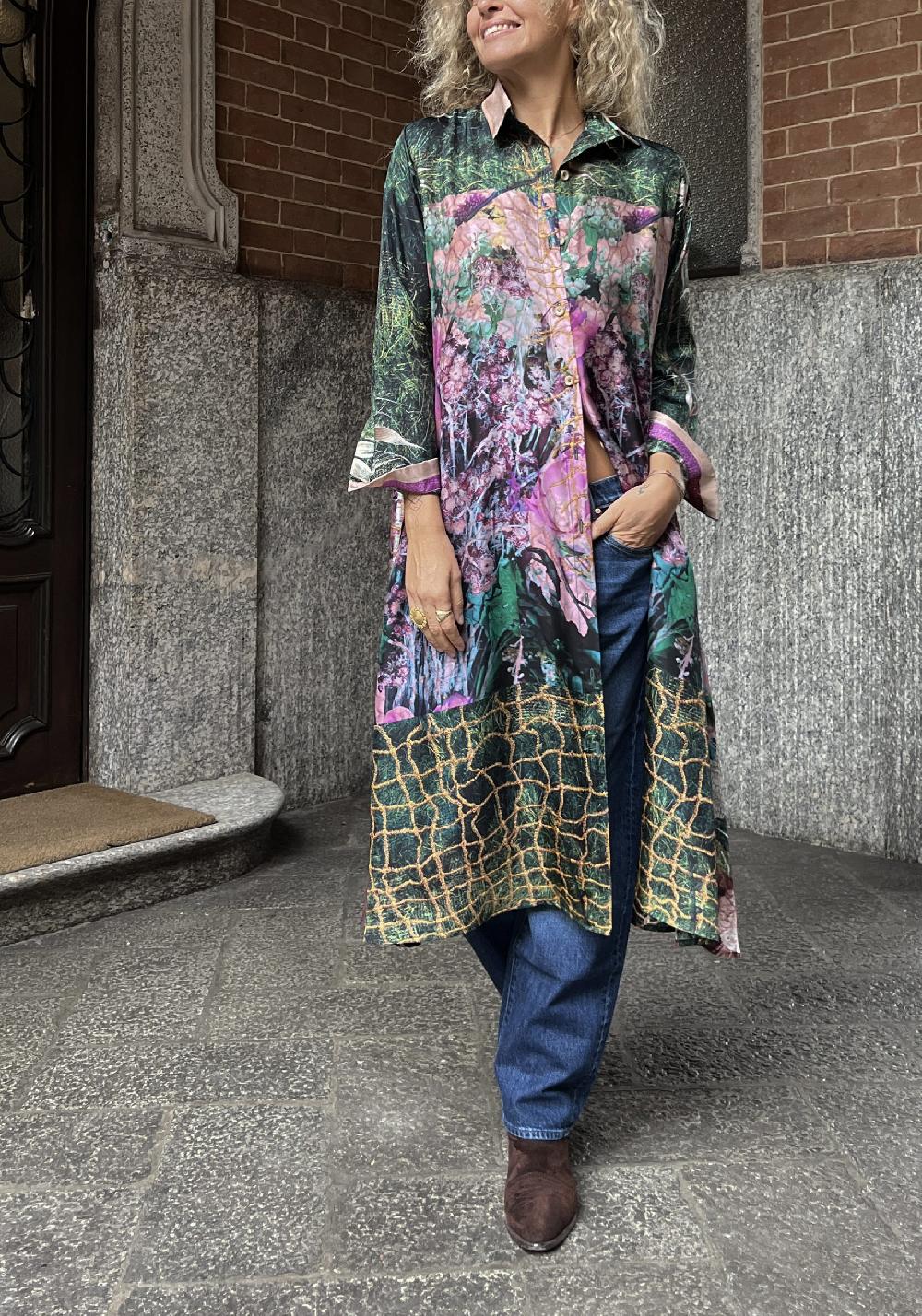 Rose & Lini BOKJA SILK GREEN PATTERNED LONG “Z DRESS” Vendite Flash