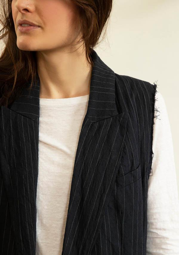 Rose & Lini MARC LE BIHAN BLACK COTTON & HEMP “MANTEAU 2331” LONG VEST JACKET In Saldo