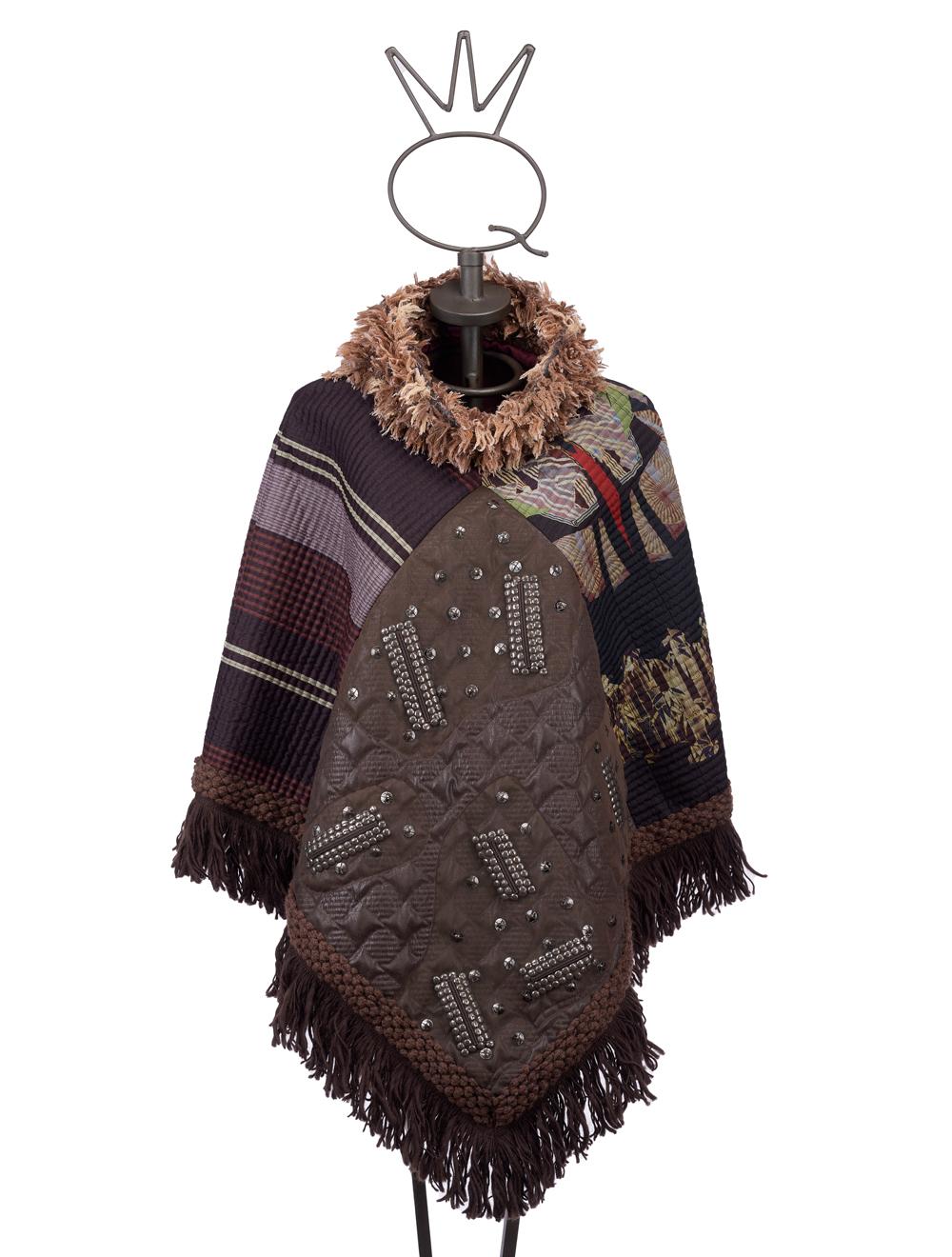Save The Queen Poncho in seta e finta pelle con ricami e paillettes Acquista Ora