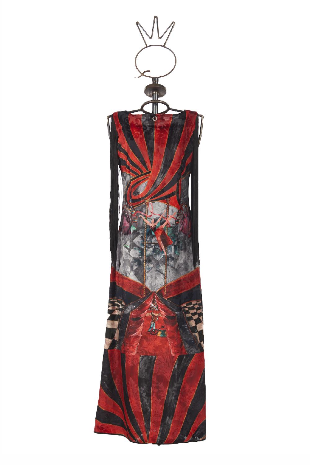 Save The Queen vestito lungo in tessuto devorè con stampa dedicata al Circo I Più Venduti