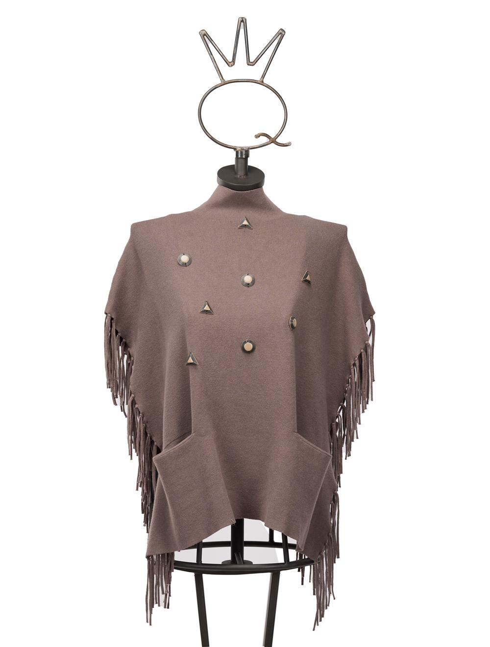 Save The Queen Maglia poncho color tortora in viscosa con applicazioni Saldi Di Fabbrica