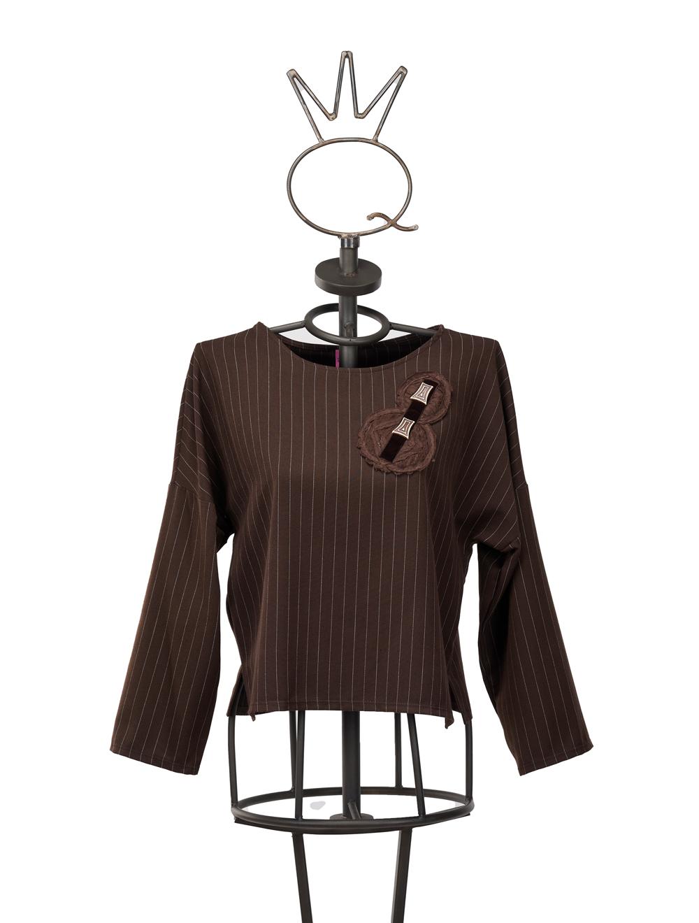 Save The Queen Blusa marrone in tessuto gessato con applicazione Outlet