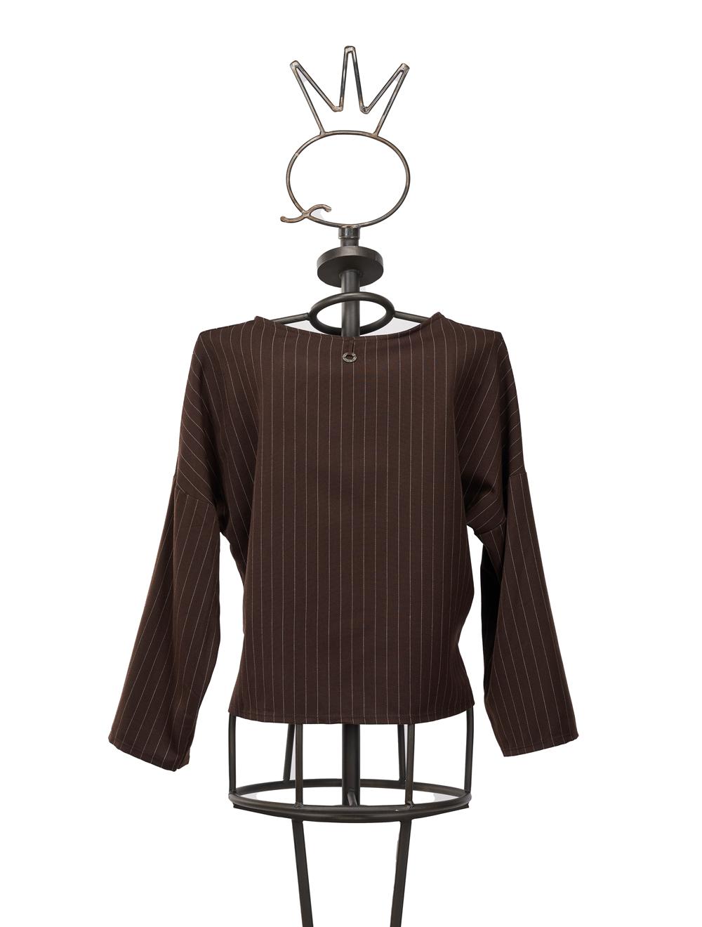 Save The Queen Blusa marrone in tessuto gessato con applicazione Outlet