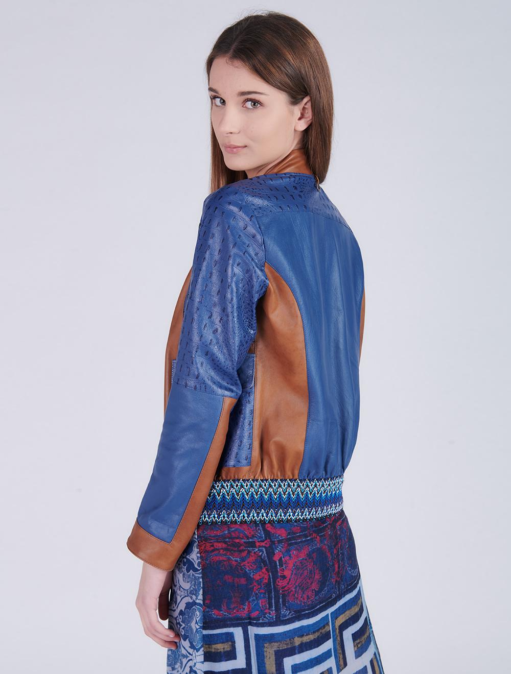 Save The Queen Giubbotto in pelle blu denim e color cognac lavorato ad intarsi Vendita Calda