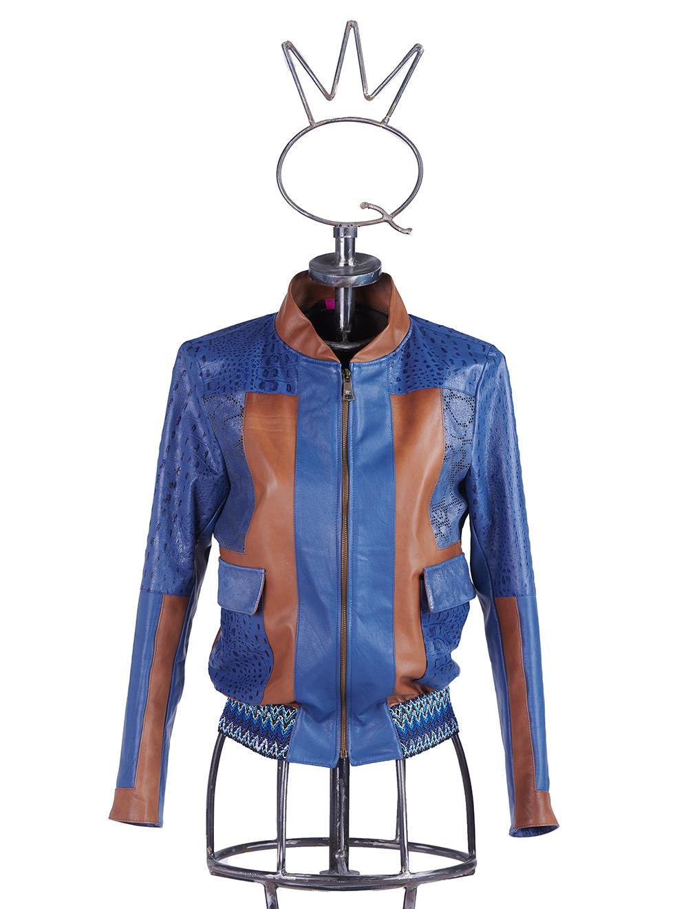 Save The Queen Giubbotto in pelle blu denim e color cognac lavorato ad intarsi Vendita Calda