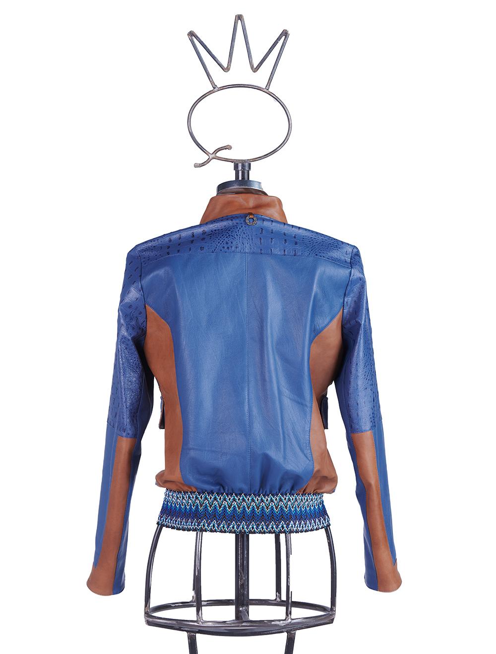Save The Queen Giubbotto in pelle blu denim e color cognac lavorato ad intarsi Vendita Calda
