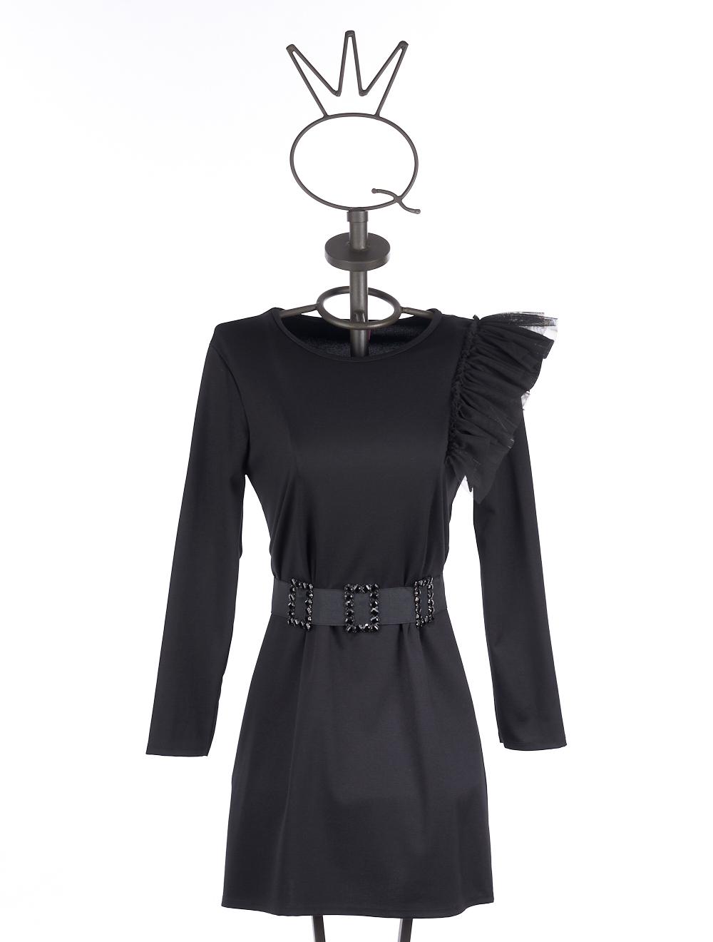 Save The Queen Abito nero con rouches e cinturone Pezzi Unici