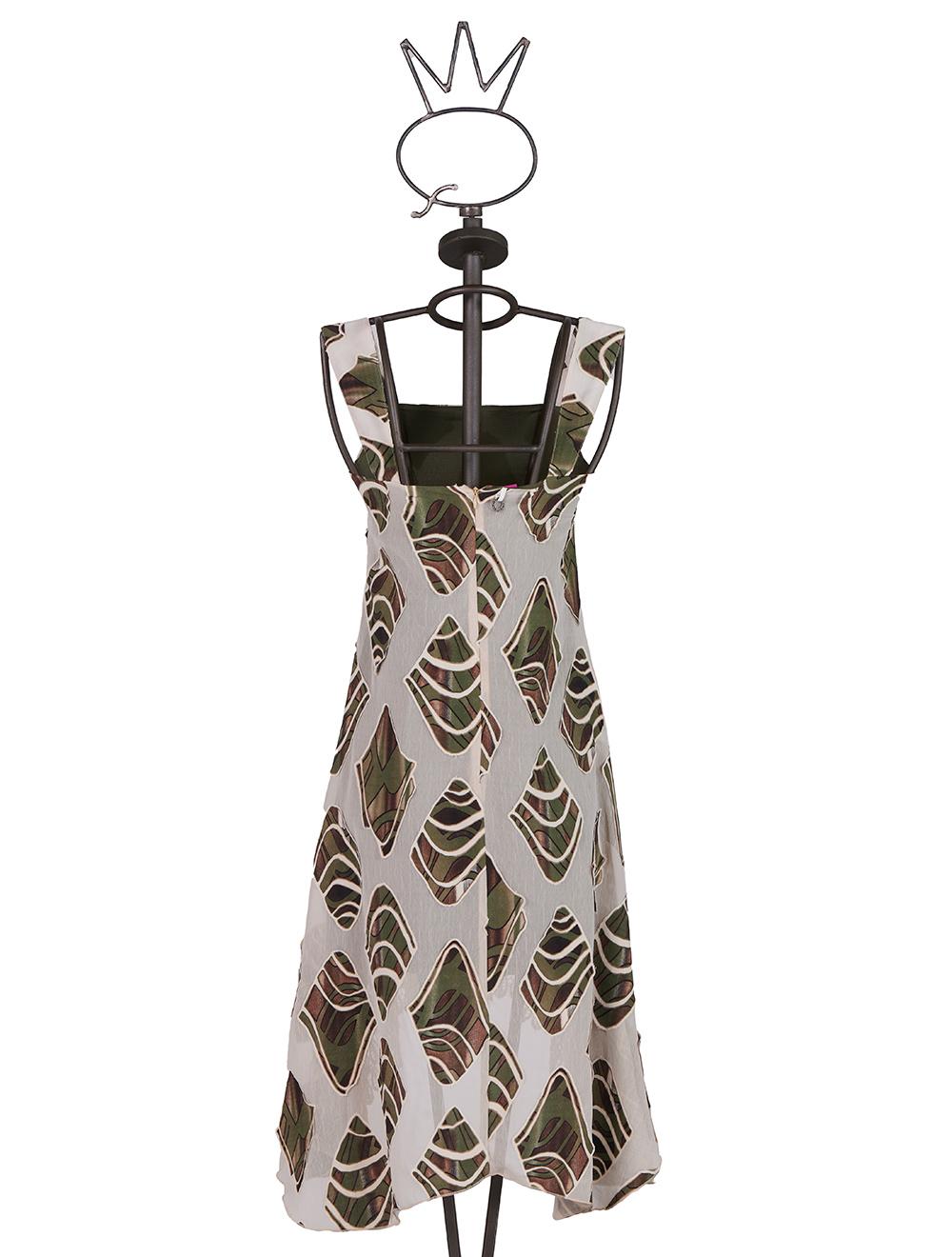 Save The Queen Vestito longuette asimmetrico in tessuto devoré motivo camouflage e pizzo macramè Officina
