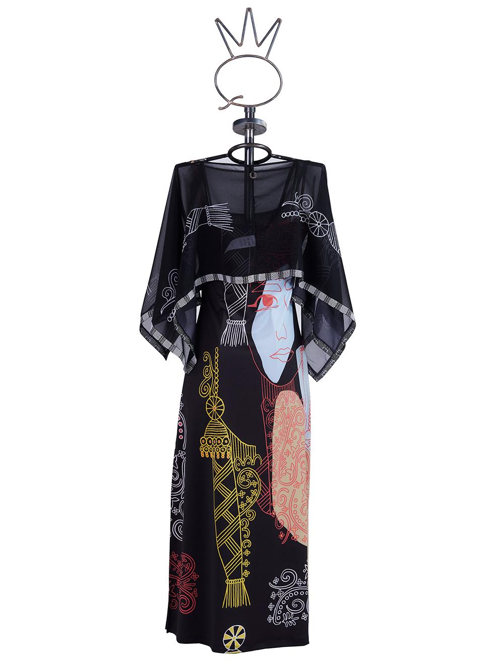 Save The Queen Vestito lungo con stampa astratta dedicata alle donne africane e poncho in tulle operato Sconti questo mese
