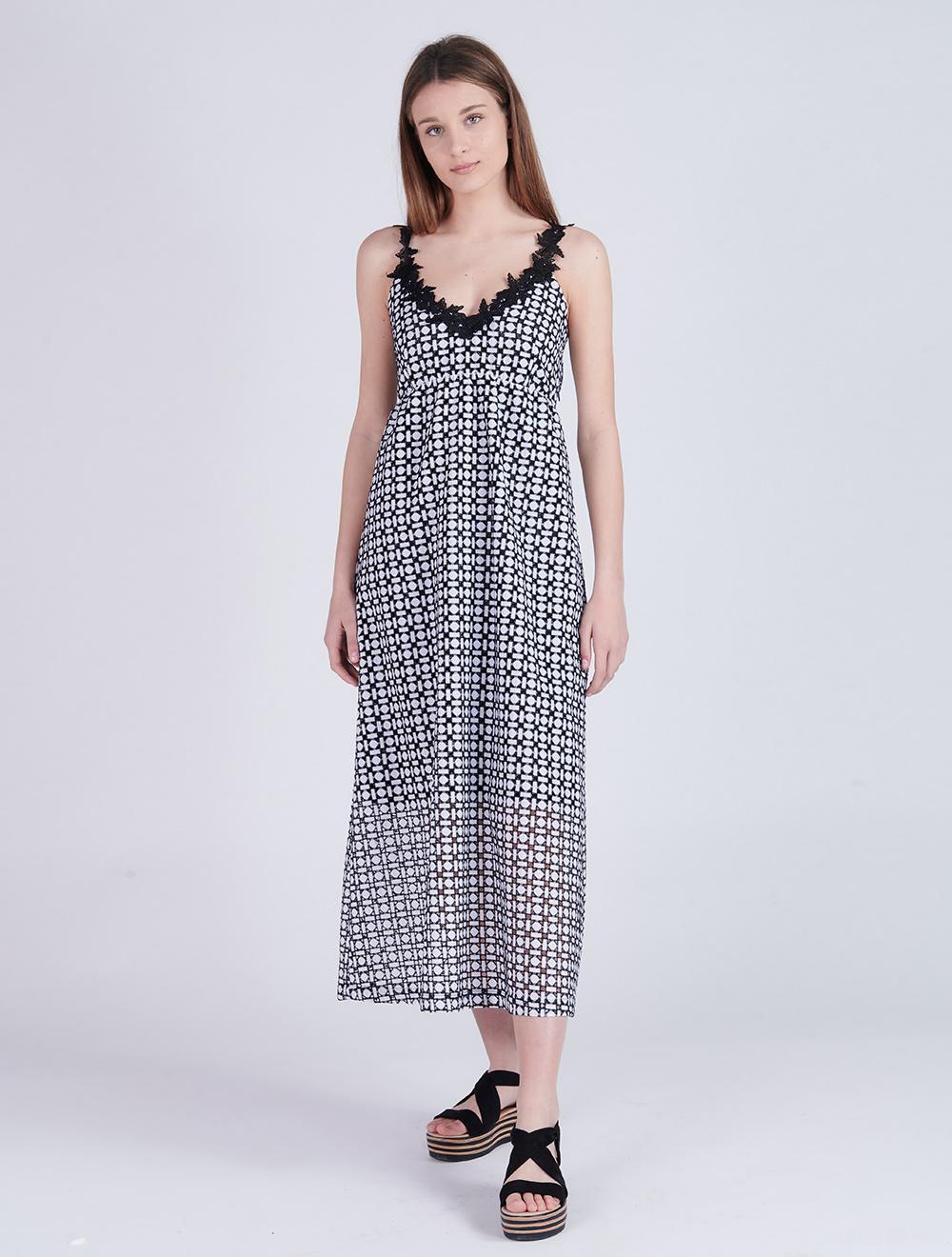 Save The Queen Vestito lungo in sangallo di cotone bianco e nero Italy