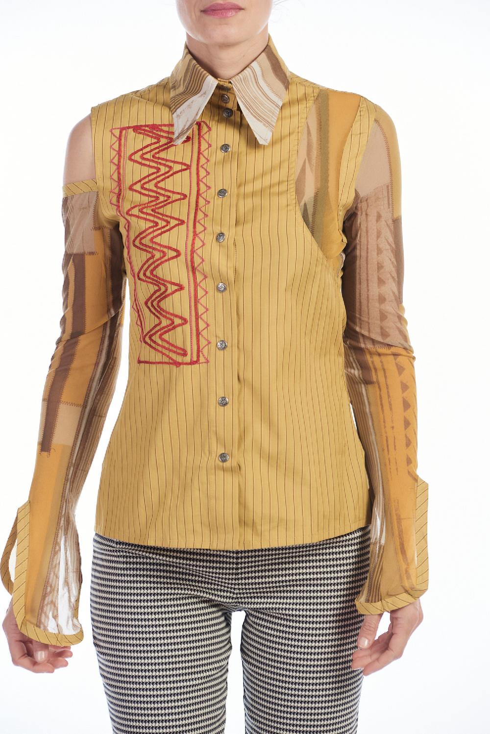 Save The Queen Camicia in cotone giallo ocra con righe e ricami Offerte esclusive