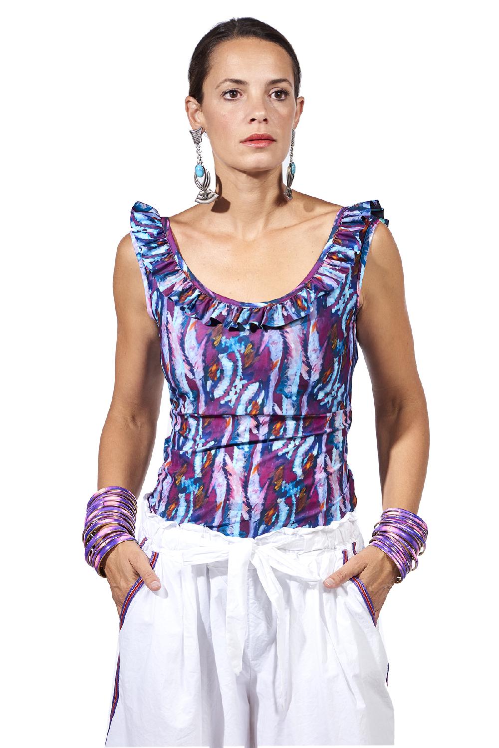 Save The Queen Top in jersey stampato con rouche Offerta