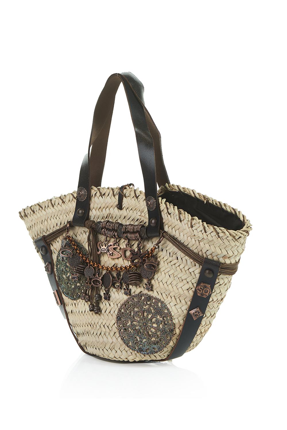 Save The Queen Borsa in paglia e pelle con decorazioni Super sconto