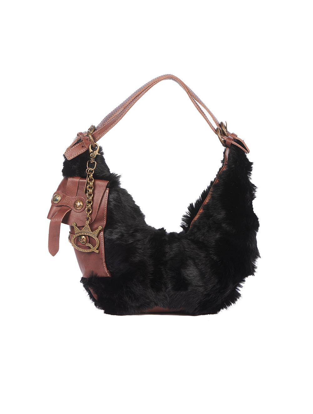 Save The Queen Borsa in pelle marrone e pelliccia nera Offerta