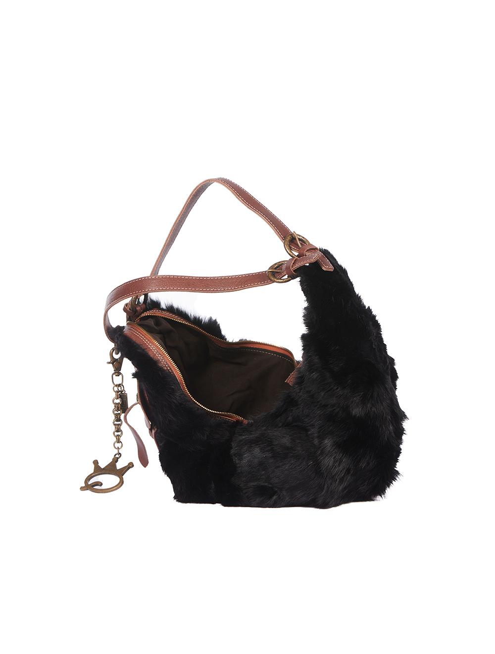 Save The Queen Borsa in pelle marrone e pelliccia nera Offerta