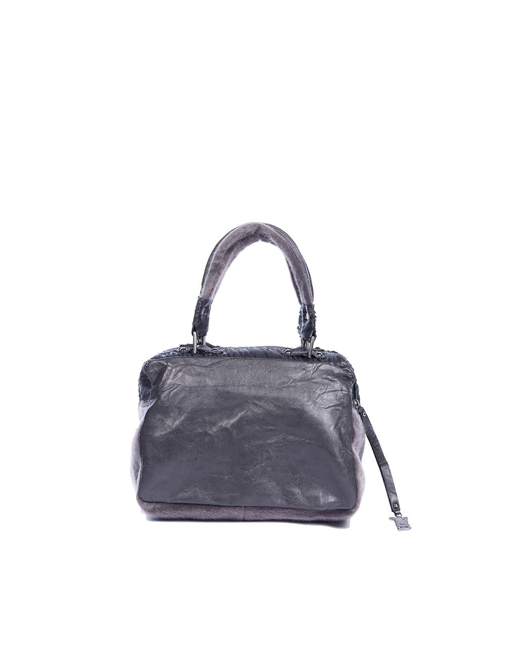 Save The Queen Borsa media in eco pelle nera e cavallino grigio con ricamo Online