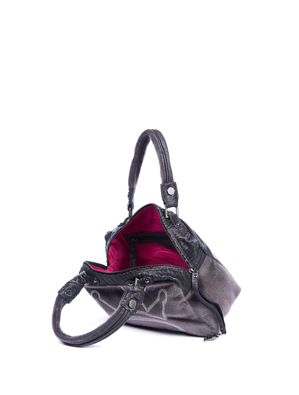 Save The Queen Borsa media in eco pelle nera e cavallino grigio con ricamo Online