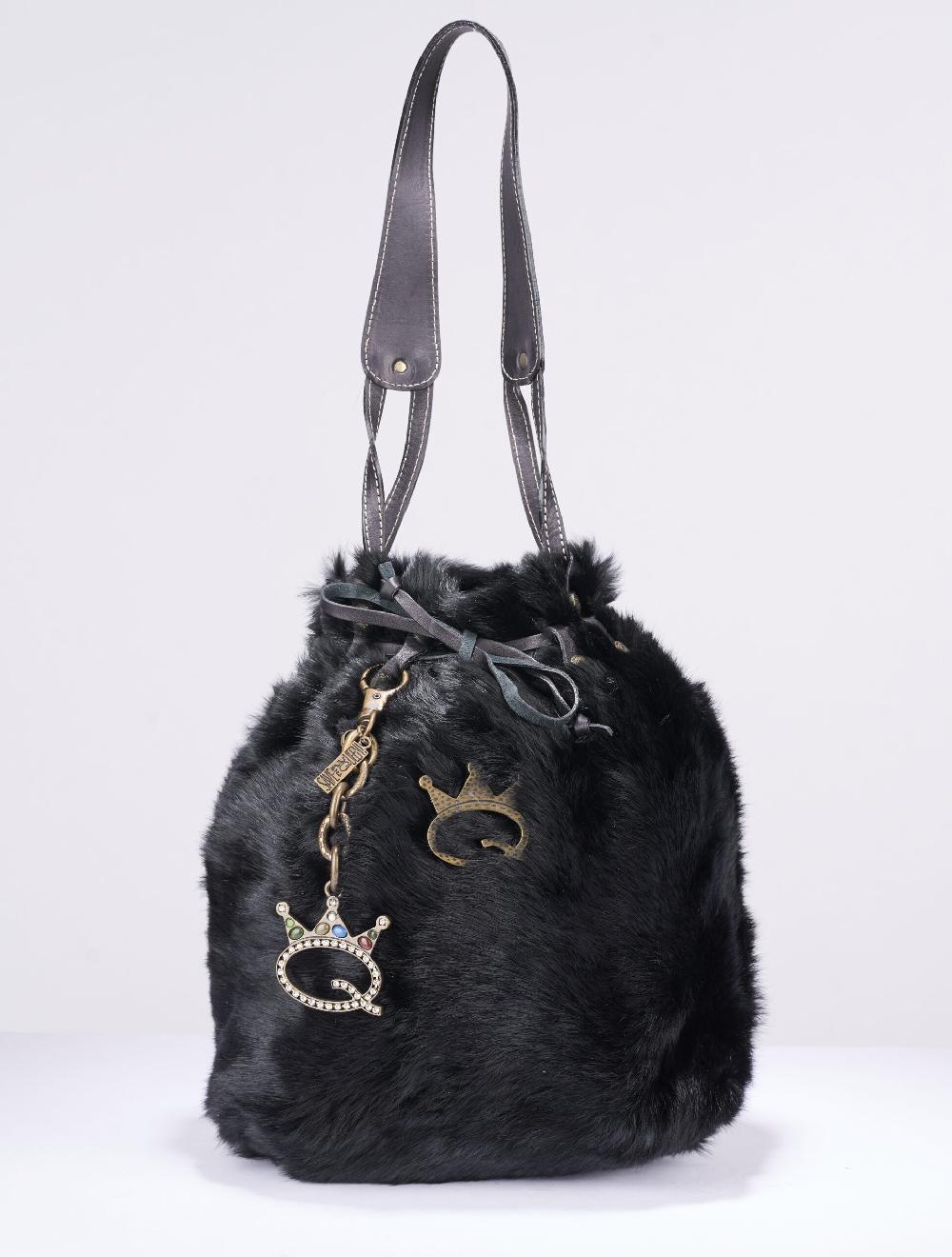 Save The Queen Borsa a spalla in lapin e pelle nera Vendita Calda