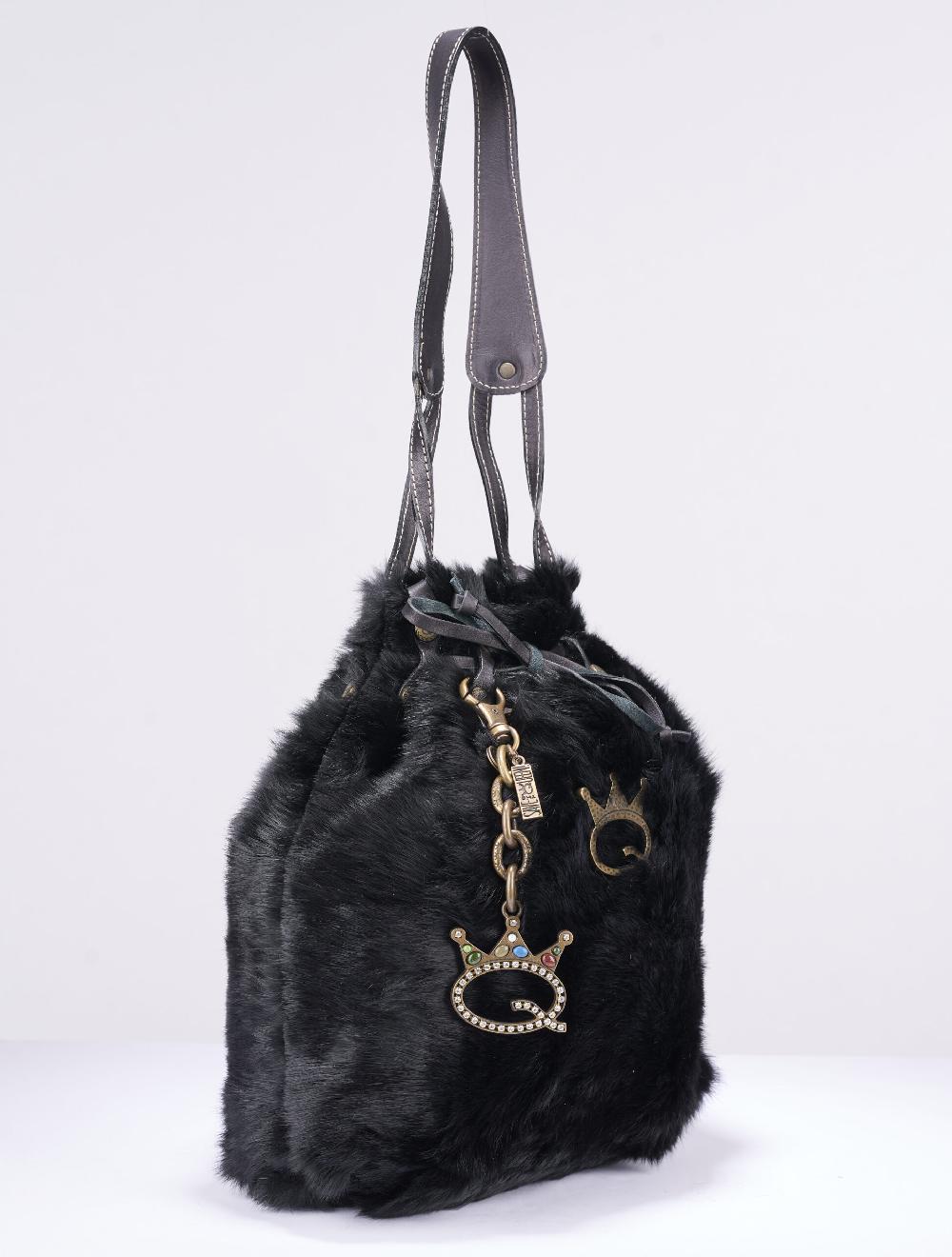 Save The Queen Borsa a spalla in lapin e pelle nera Vendita Calda