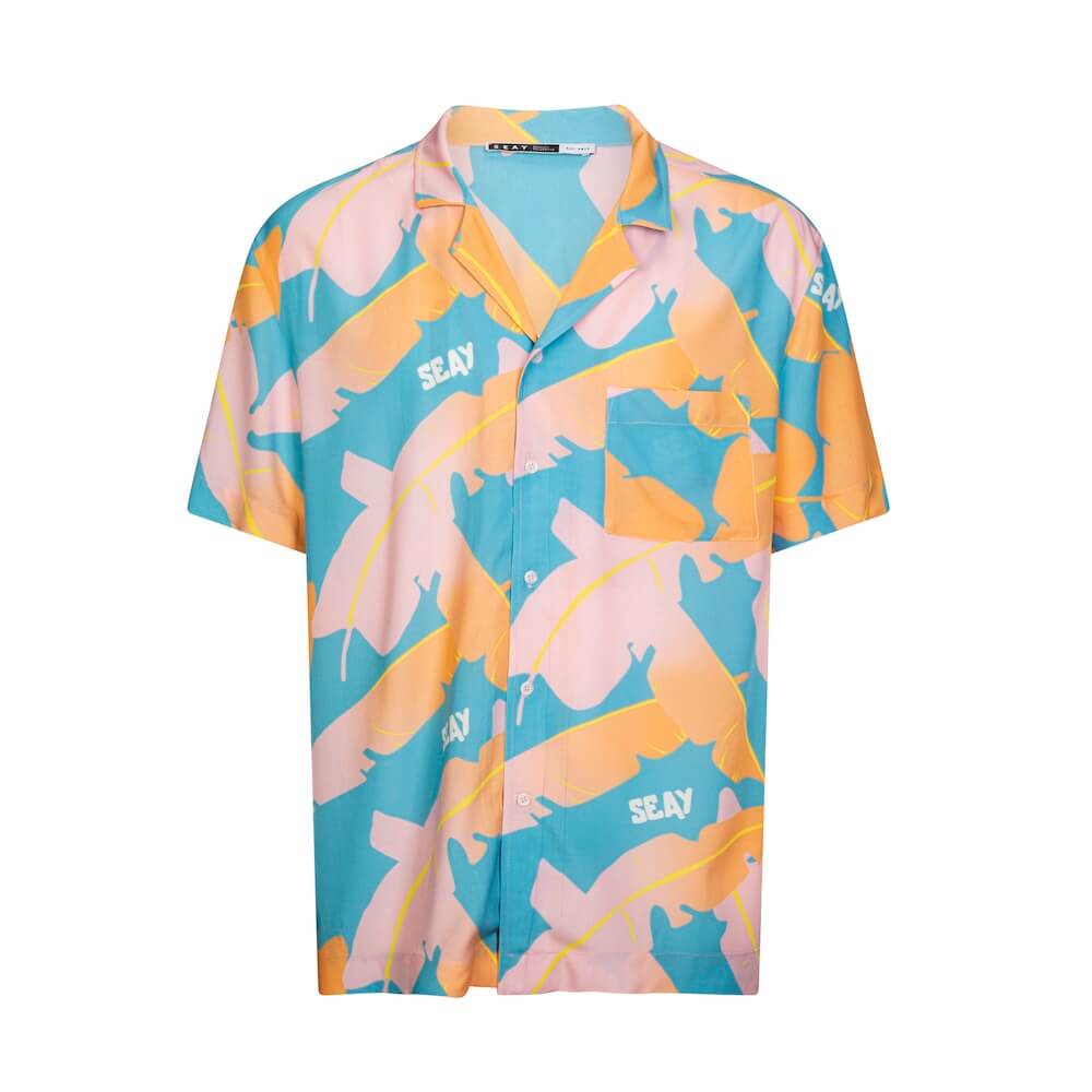 Seay / Camicia Hawaiana Rosa Blu Foglie Banano Sconto