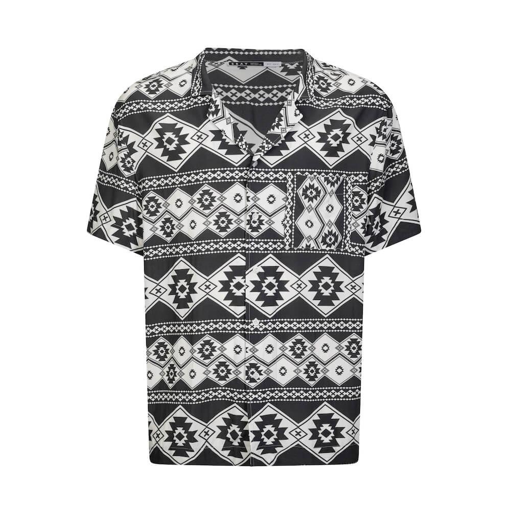 Seay / Camicia Hawaiana Bianco Nera Stampa Nativa In Linea