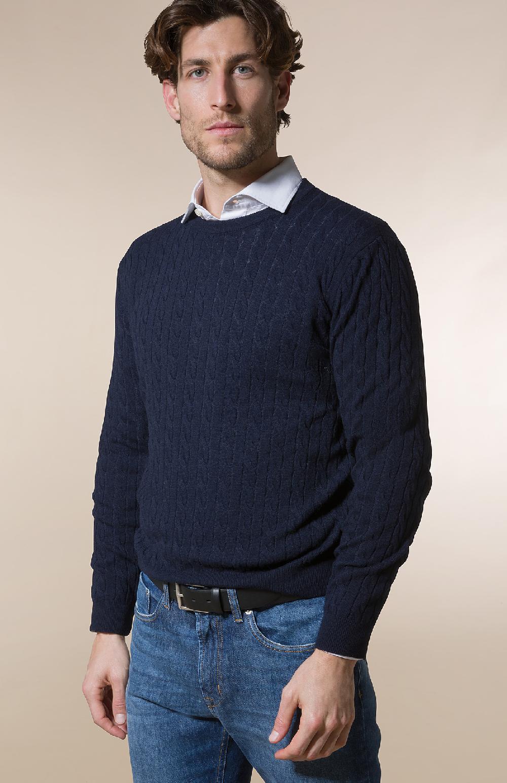 Seventy Maglione girocollo a trecce e coste - Col. Blu Outlet