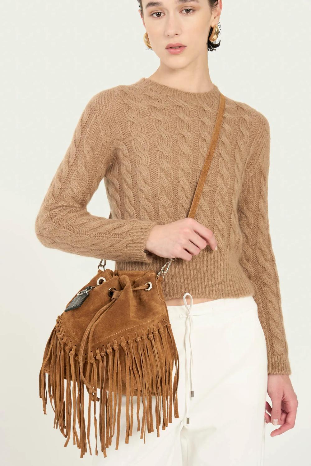 Vicario cinque Borsa a Sacchetto Scamosciata con Frange Stile Boho Chic - Briona Outlet