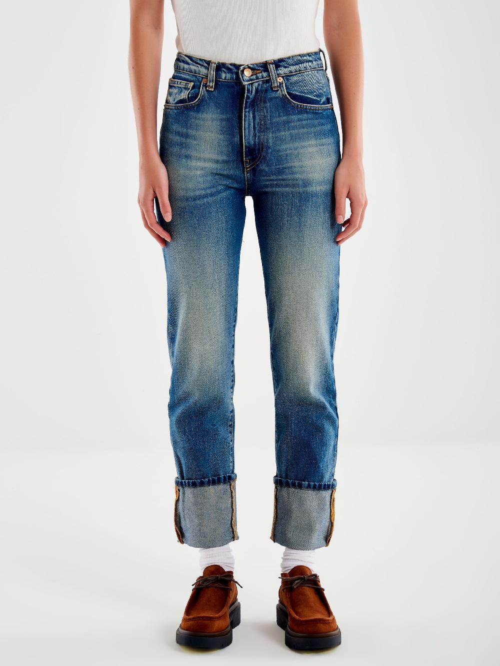 Vicolo Jeans Straight con Risvolto Blu Outlet