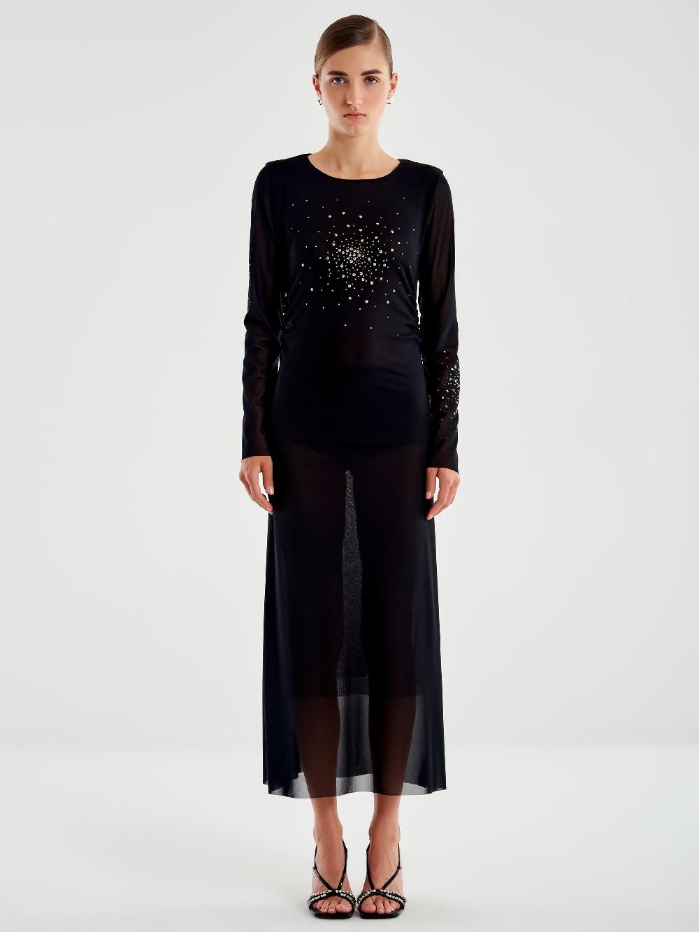 Vicolo Abito lungo in Tulle Trasparente con Strass Nero In Linea