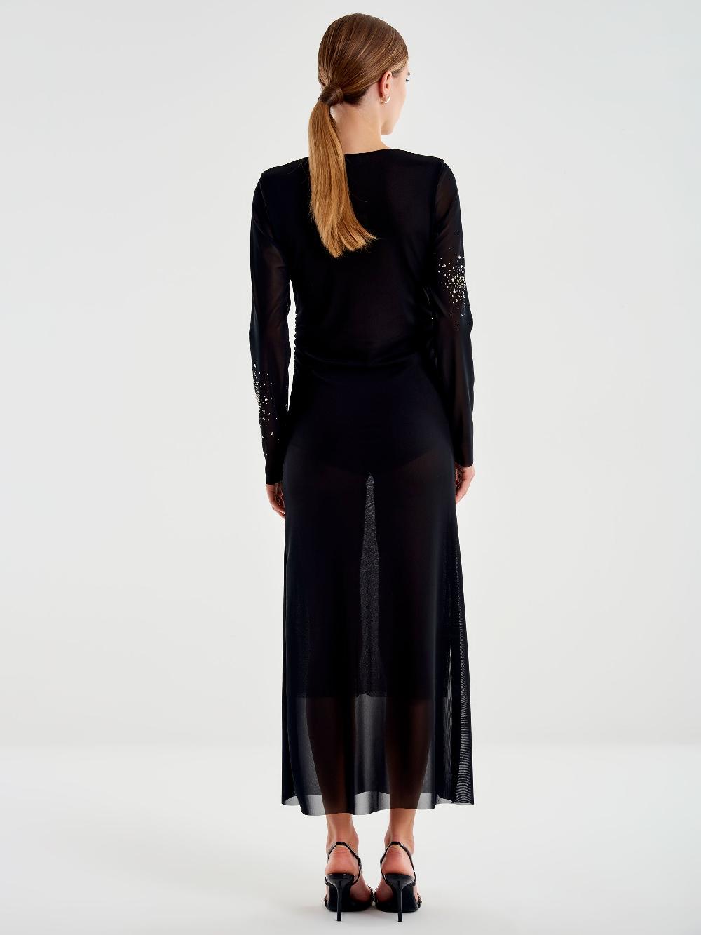 Vicolo Abito lungo in Tulle Trasparente con Strass Nero In Linea