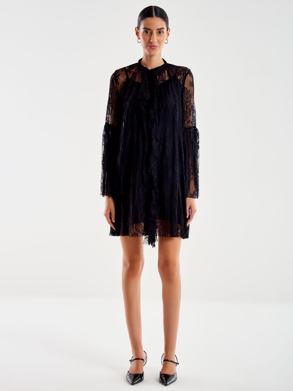 Vicolo Abito Corto in Pizzo con Jabot Nero Promozione
