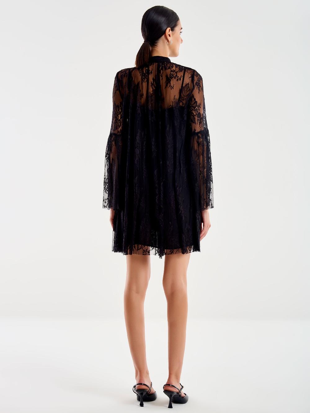 Vicolo Abito Corto in Pizzo con Jabot Nero Promozione