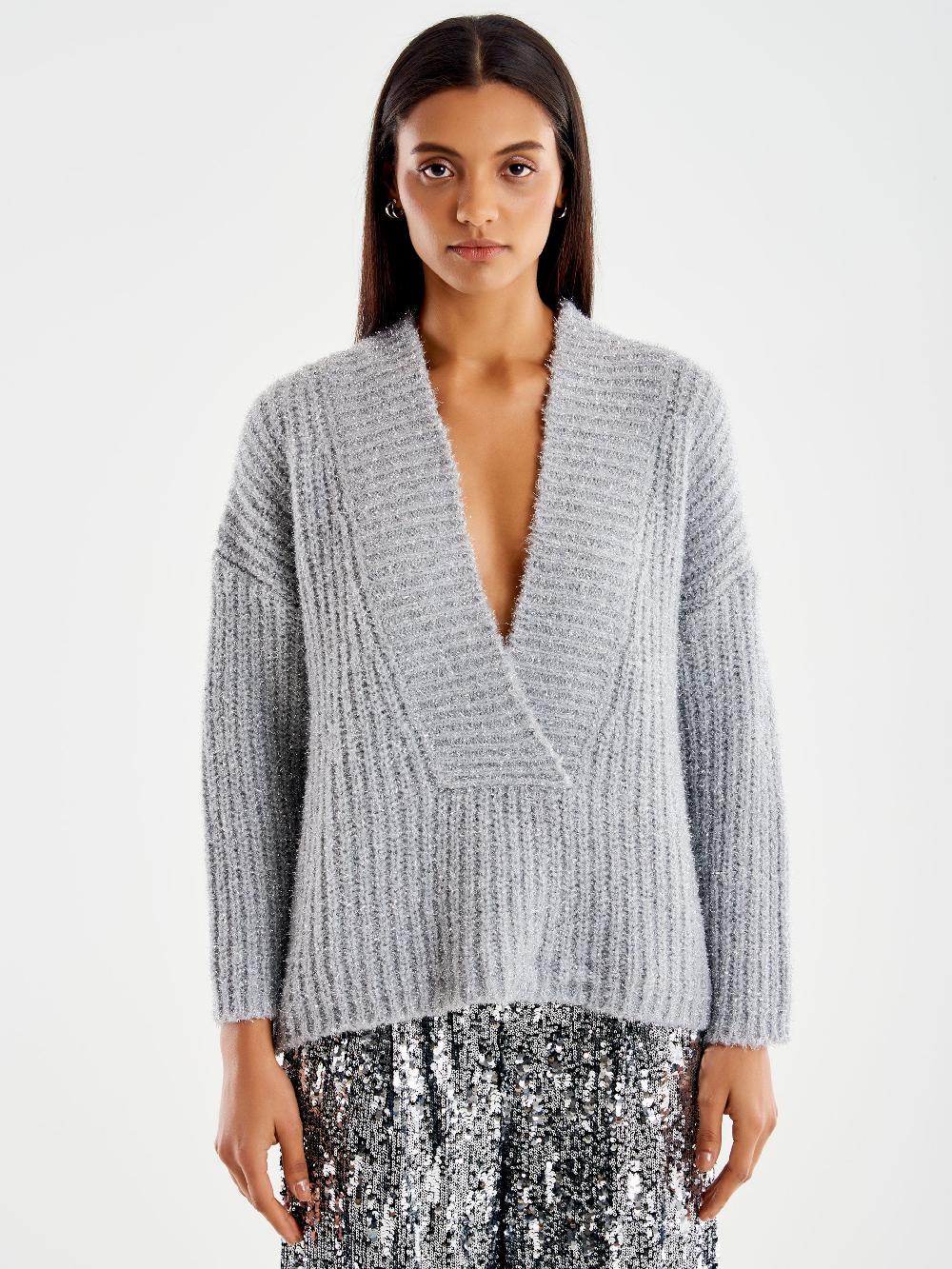 Vicolo Pull Scollo a V Profondo Lurex Grigio Negozi Online