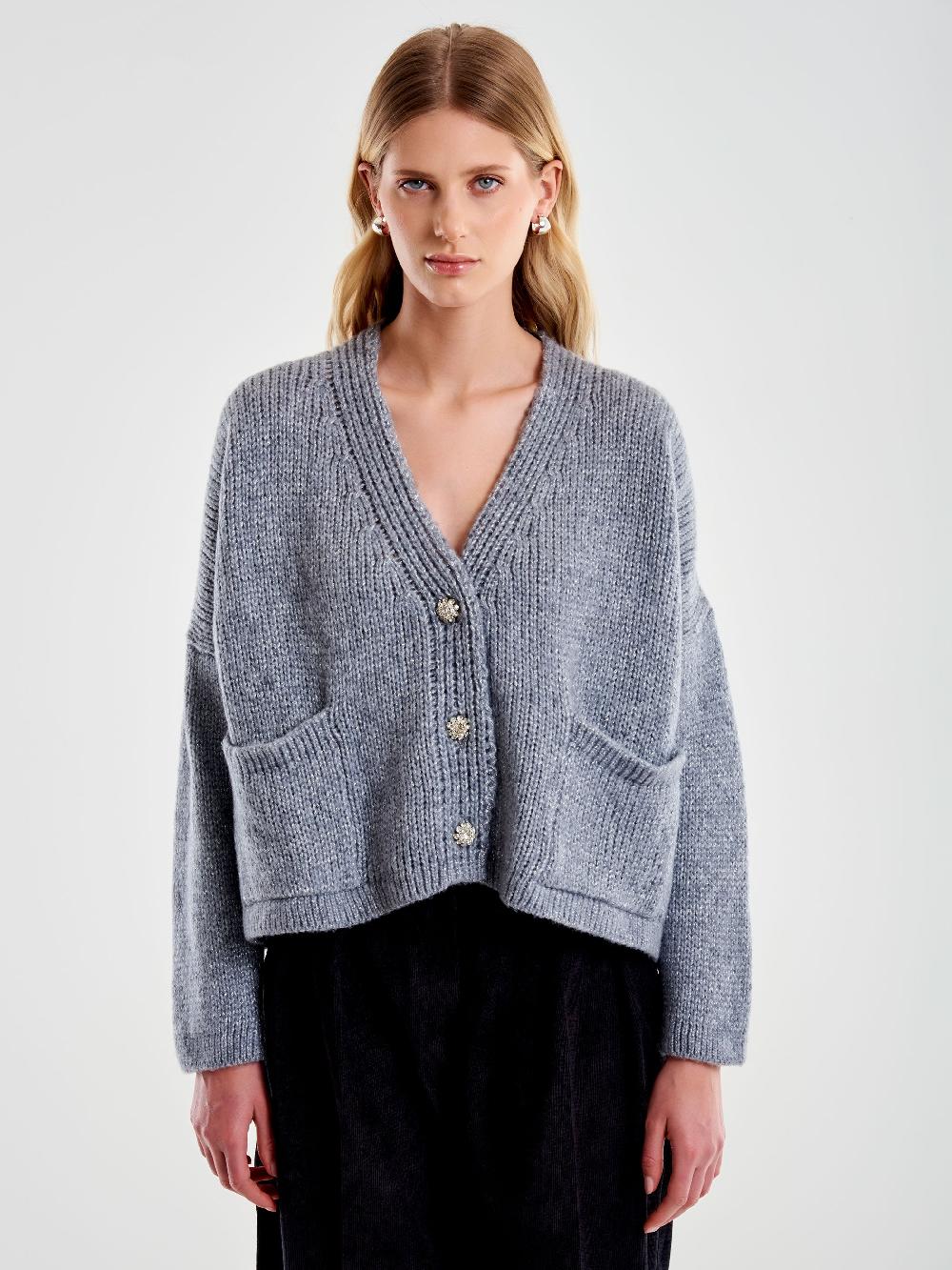 Vicolo Cardigan Bottoni Gioiello e Scollo a V Grigio Consegna Veloce