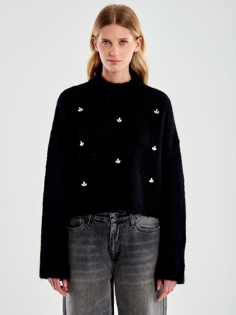 Vicolo Pull Girocollo con Cabochon Applicati Nero Promozione Limitata