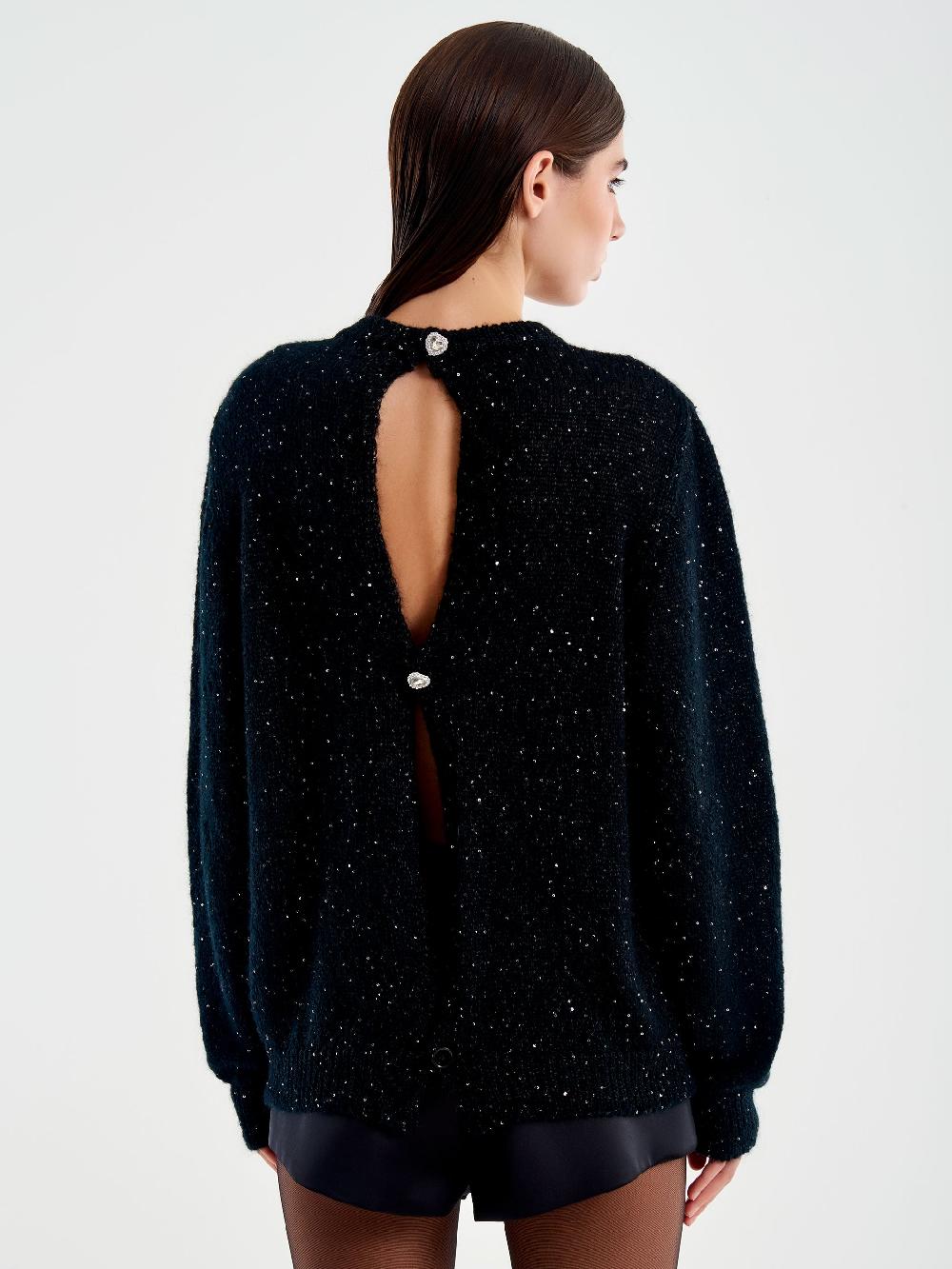 Vicolo Pull Girocollo con Bottoni Retro e Strass Nero Shopping Online