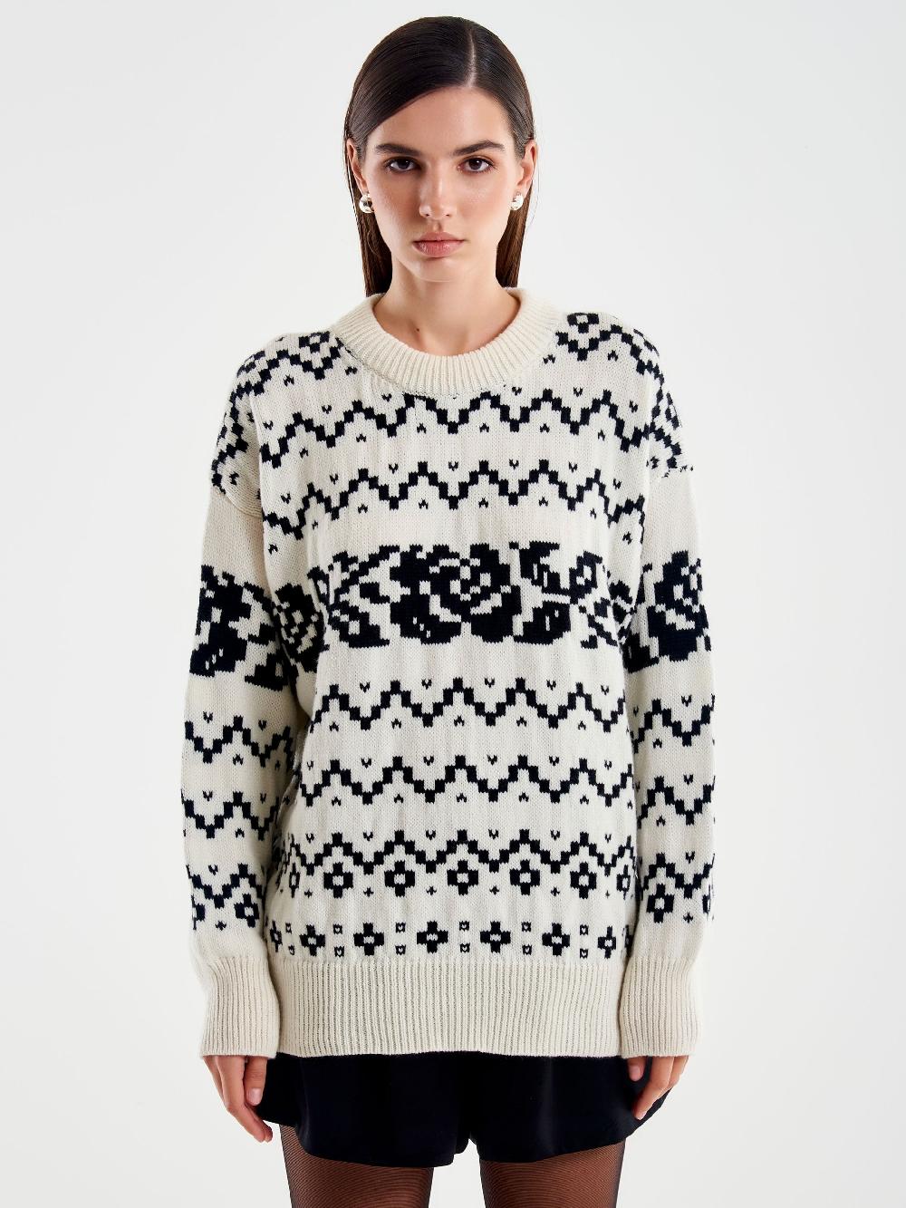 Vicolo Pull Jaquard Rose Stilizzate Bianco Prezzo Ridotto