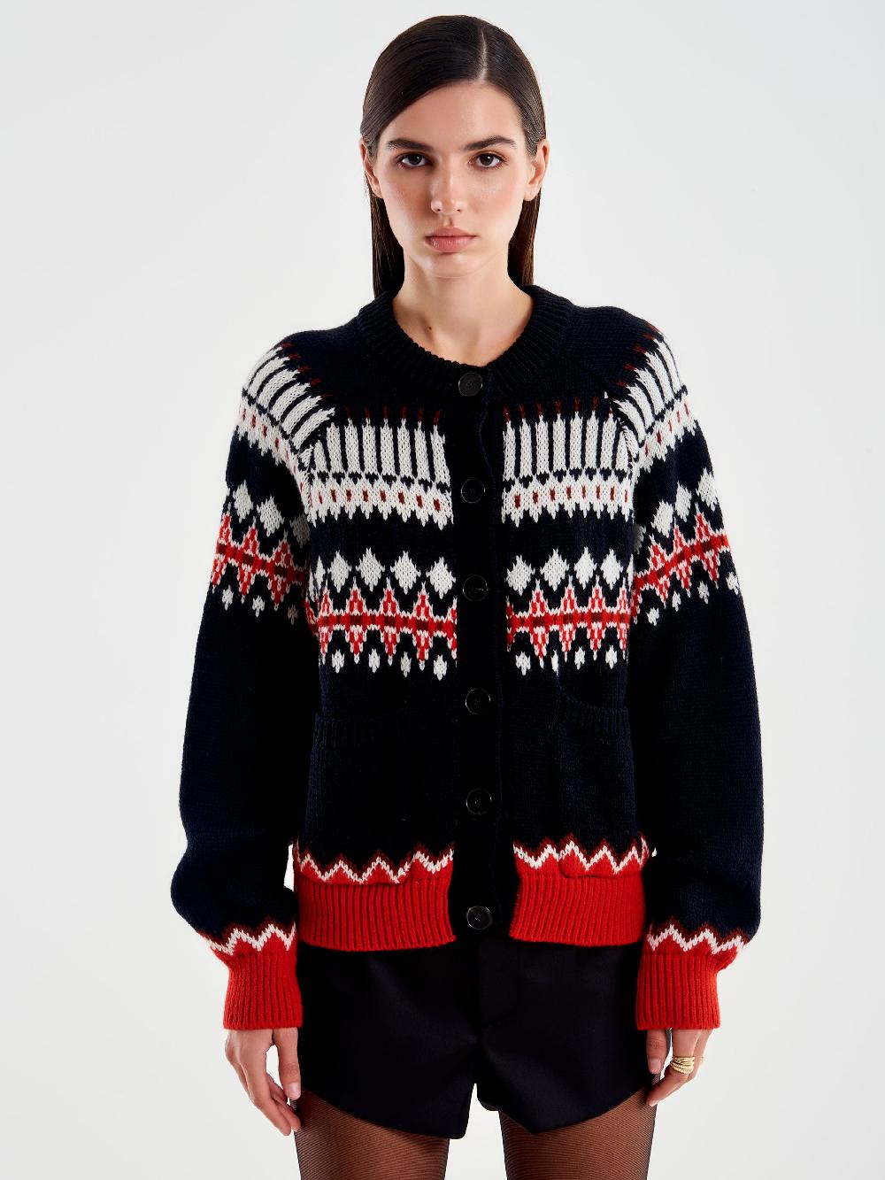 Vicolo Cardigan con Tasche Motivo Jaquard Nero Sottocosto