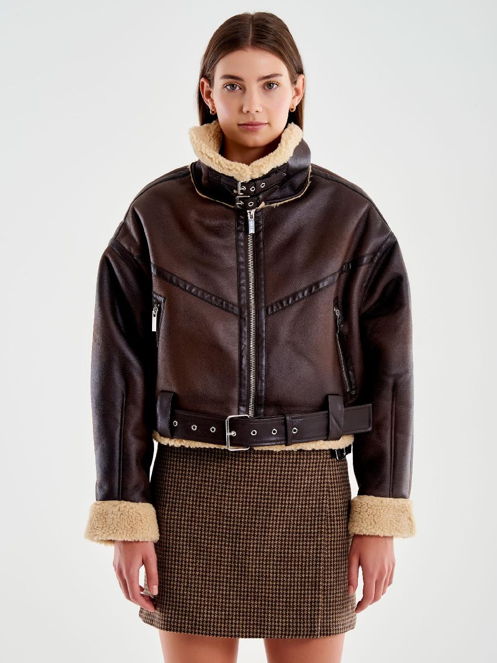 Vicolo Giubbotto Biker Cropped Effetto Scamosciato Marrone Vendita Calda