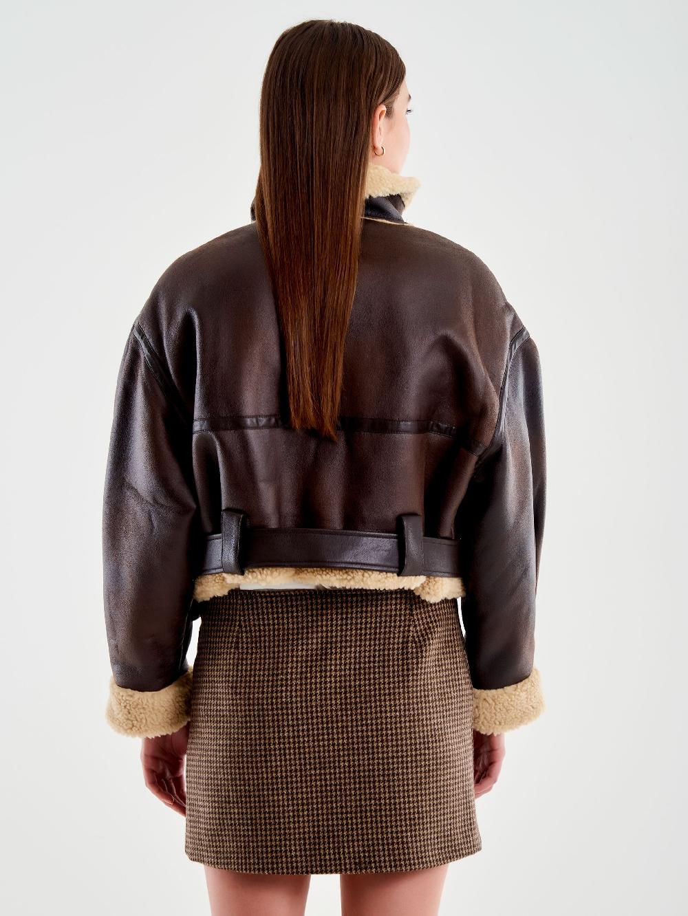 Vicolo Giubbotto Biker Cropped Effetto Scamosciato Marrone Vendita Calda