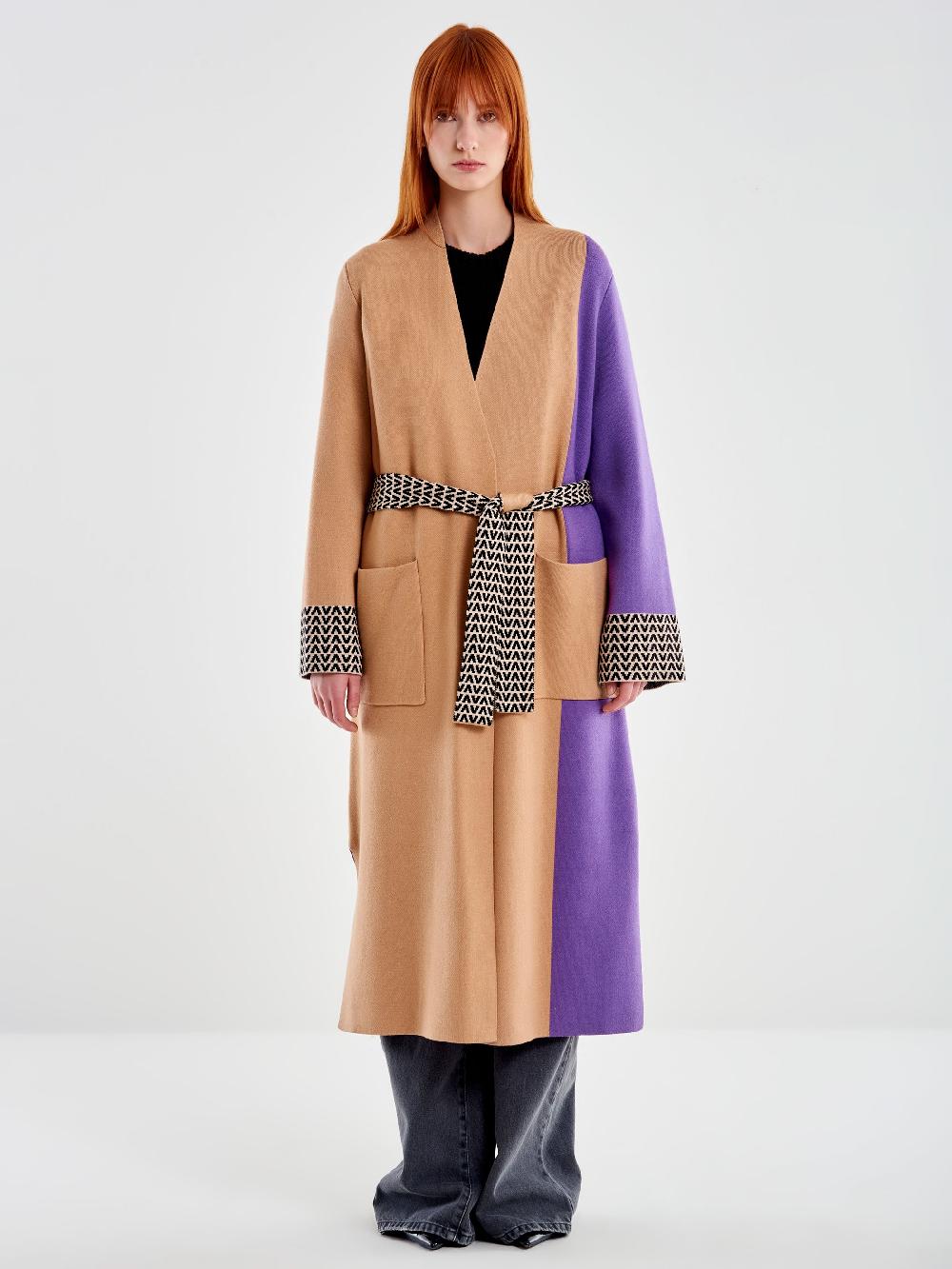 Vicolo Cappotto in Maglia Fantasia Color Block Nero Saldi Di Fabbrica