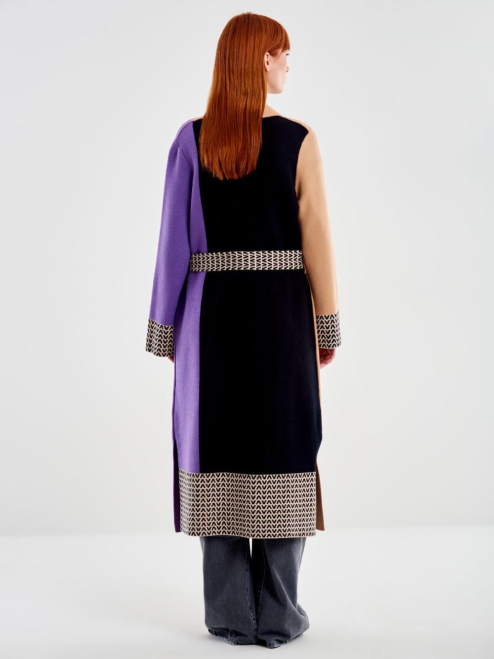 Vicolo Cappotto in Maglia Fantasia Color Block Nero Saldi Di Fabbrica