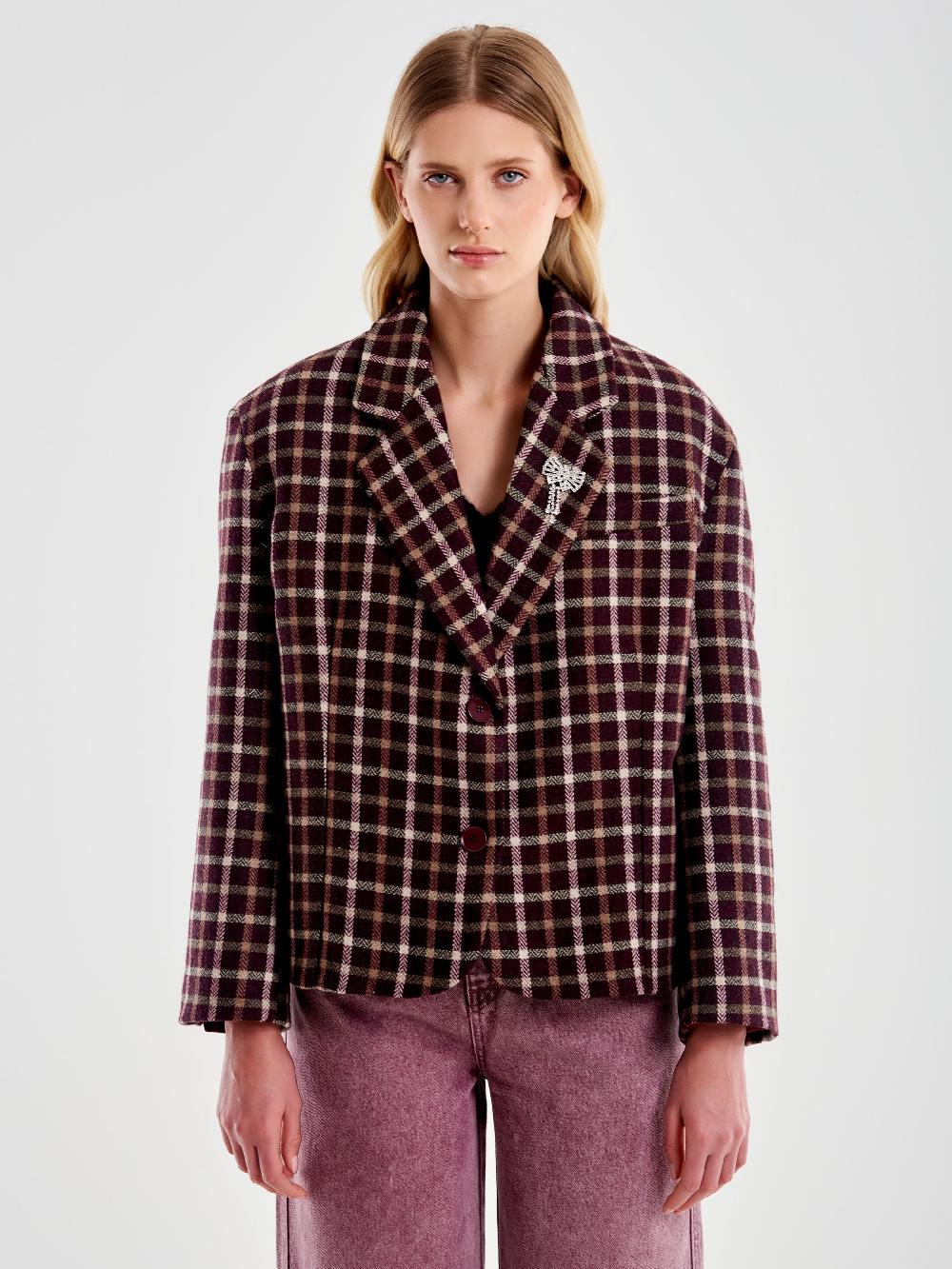 Vicolo Giacca Oversized Cropped a Quadri Bordeaux Consegna Veloce