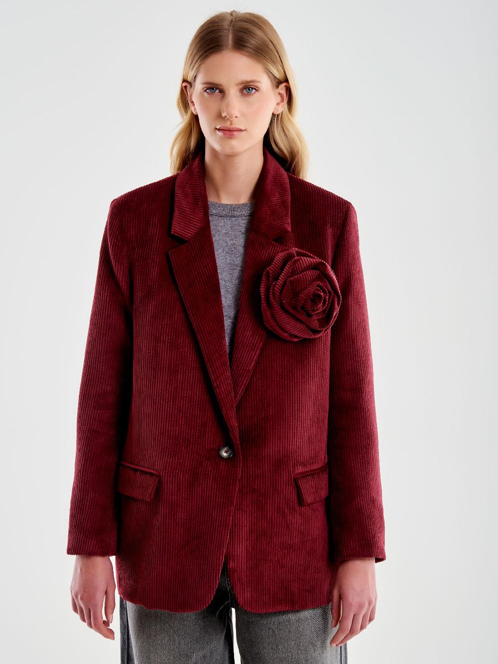 Vicolo Blazer con Rosa Oversized Velluto Bordeaux Sottocosto