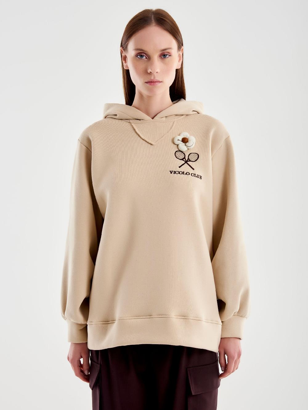 Vicolo Felpa Over con Cappuccio e Ricamo Beige Sconto