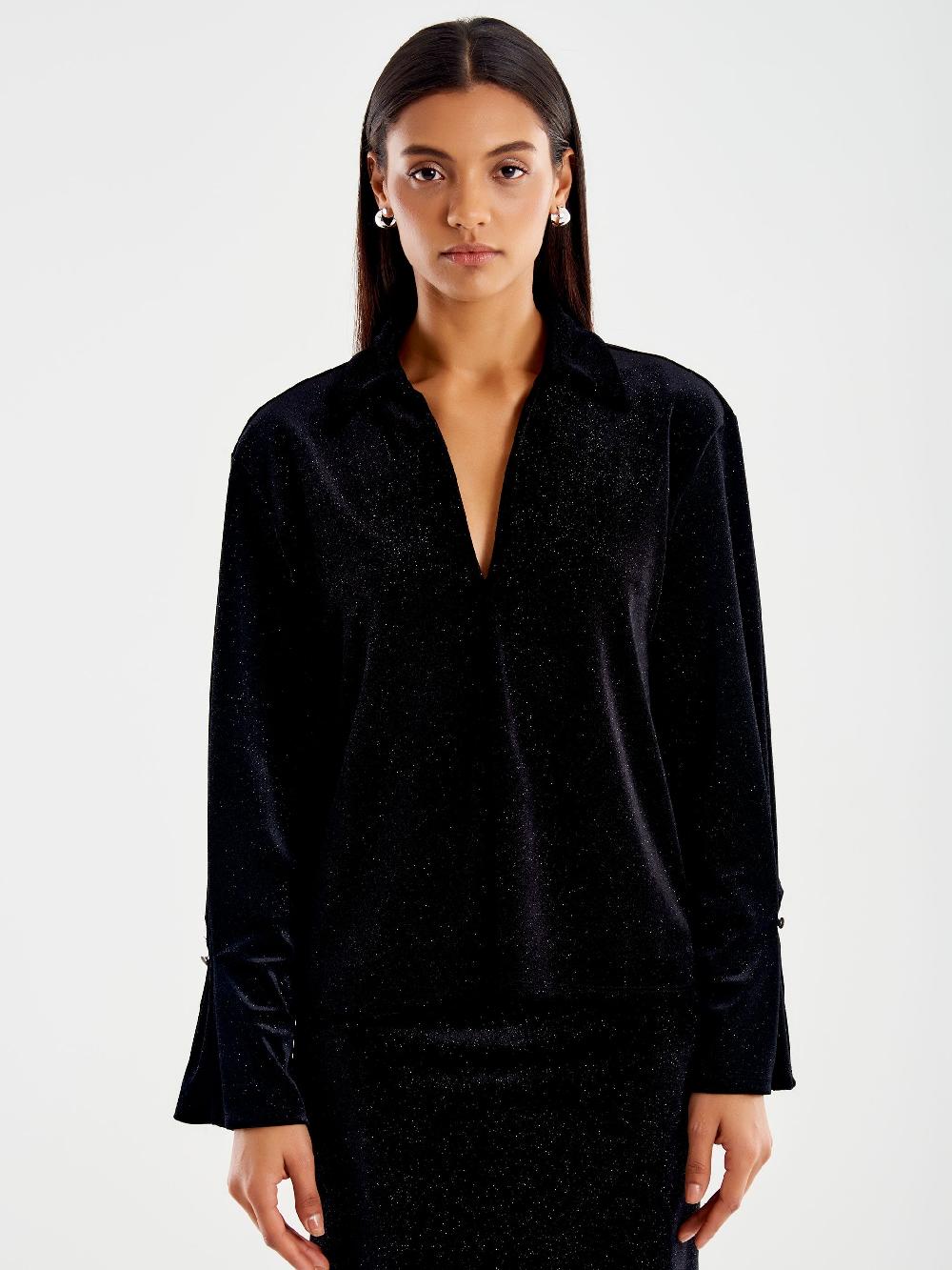 Vicolo Camicia in Ciniglia con Glitter Nero Vendita Calda