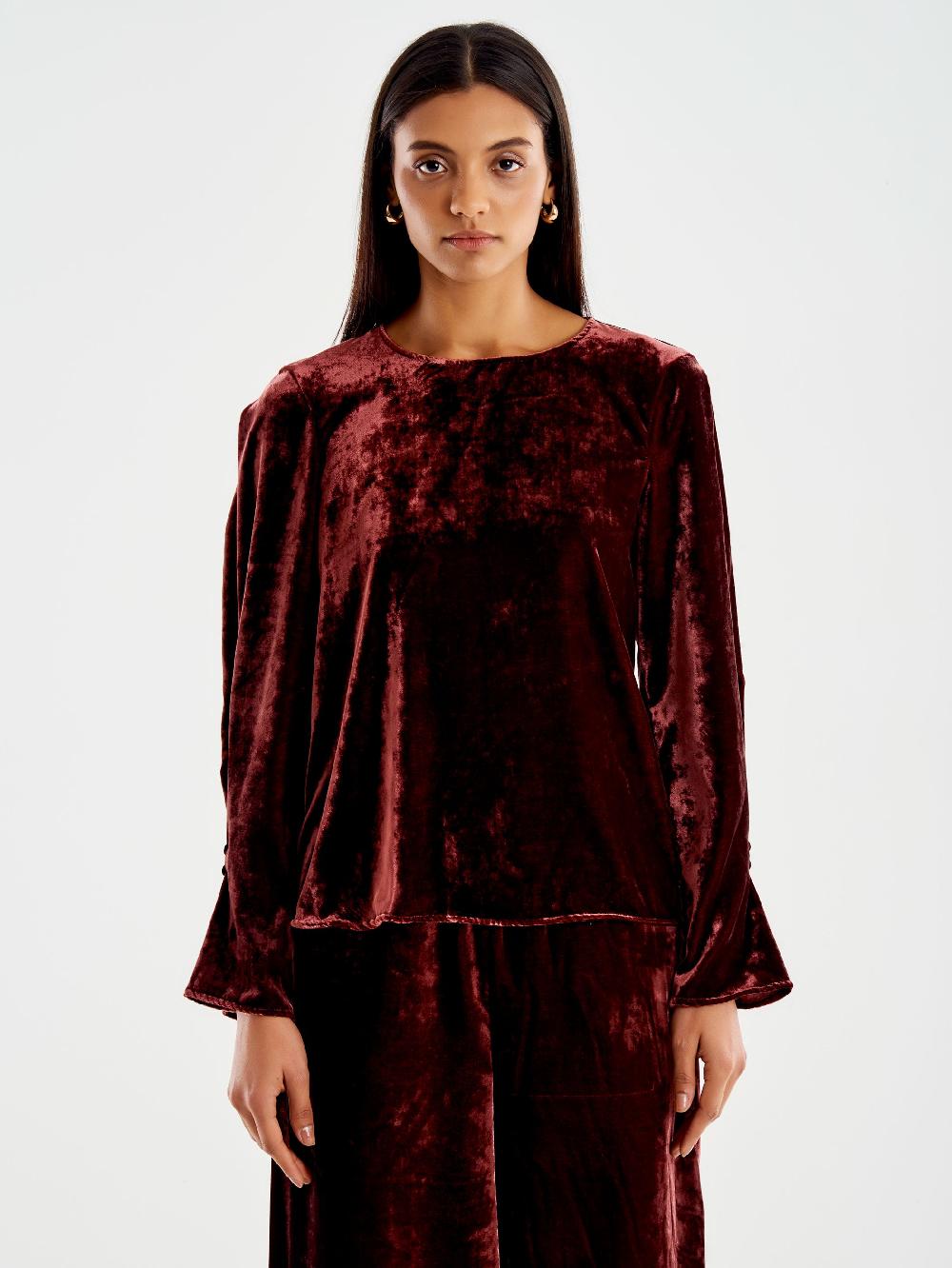 Vicolo Blusa Girocollo Velluto Bordeaux Vendita Economica