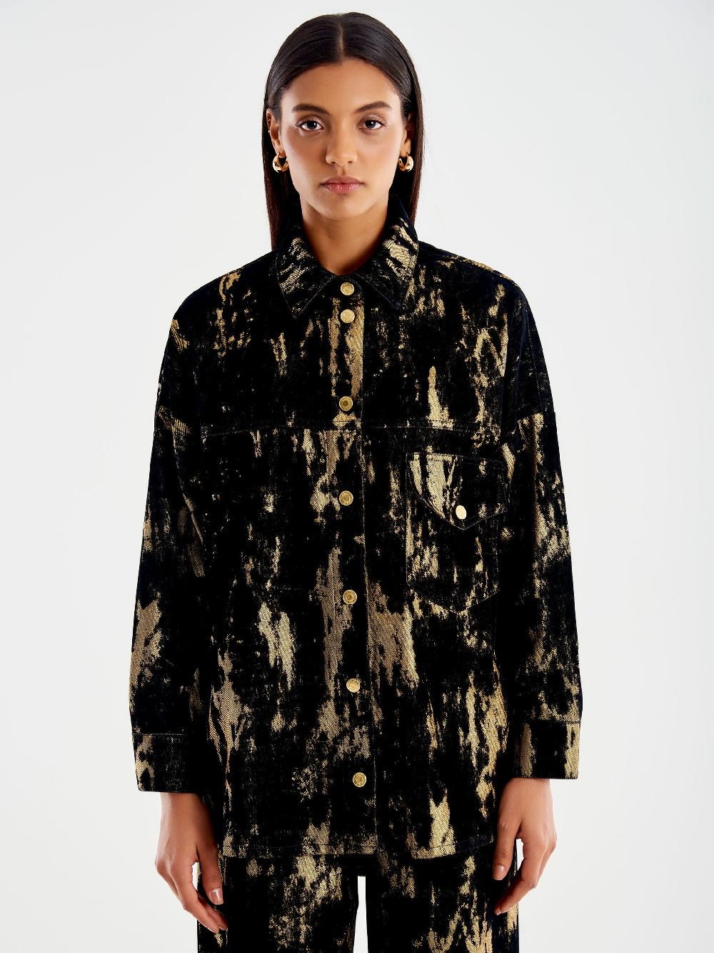 Vicolo Camicia Denim Laminata Nero Saldi Di Fabbrica